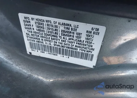 2008 Honda Odyssey Lx from USA, damaged, VIN 5FNRL38218B096093